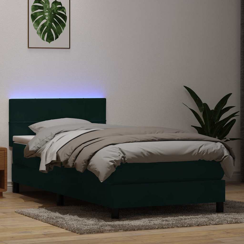 vidaXL Boxspringbett mit Matratze & LED Dunkelgrün 100x220 cm Samt