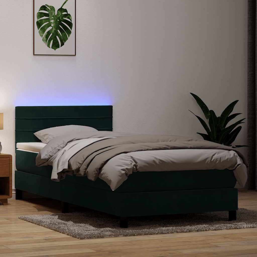 vidaXL Boxspringbett mit Matratze & LED Dunkelgrün 90x210 cm Samt