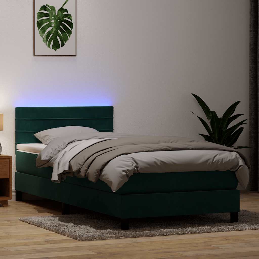 vidaXL Boxspringbett mit Matratze & LED Dunkelgrün 90x220 cm Samt