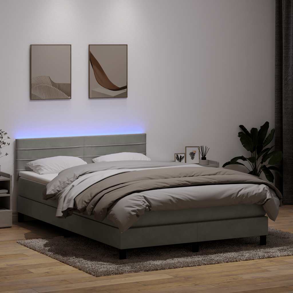 vidaXL Boxspringbett mit Matratze & LED Hellgrau 140x220 cm Samt