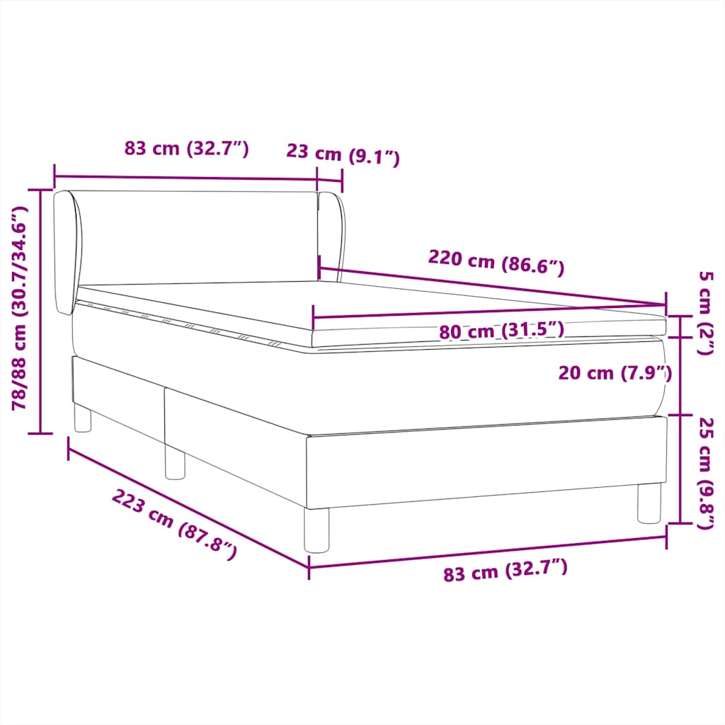 vidaXL Boxspringbett mit Matratze Hellgrau 80x220 cm Samt