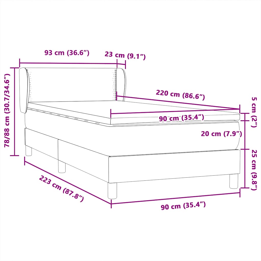 vidaXL Boxspringbett mit Matratze Dunkelgrau 90x220 cm Samt