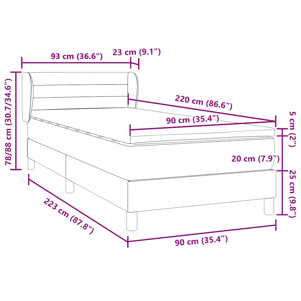 vidaXL Boxspringbett mit Matratze Schwarz 90x220 cm Samt