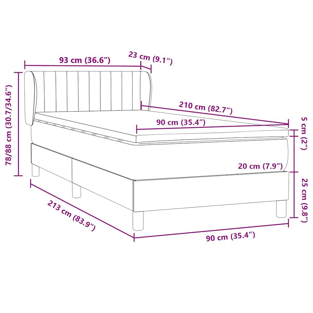 vidaXL Boxspringbett mit Matratze Hellgrau 90x210 cm Samt