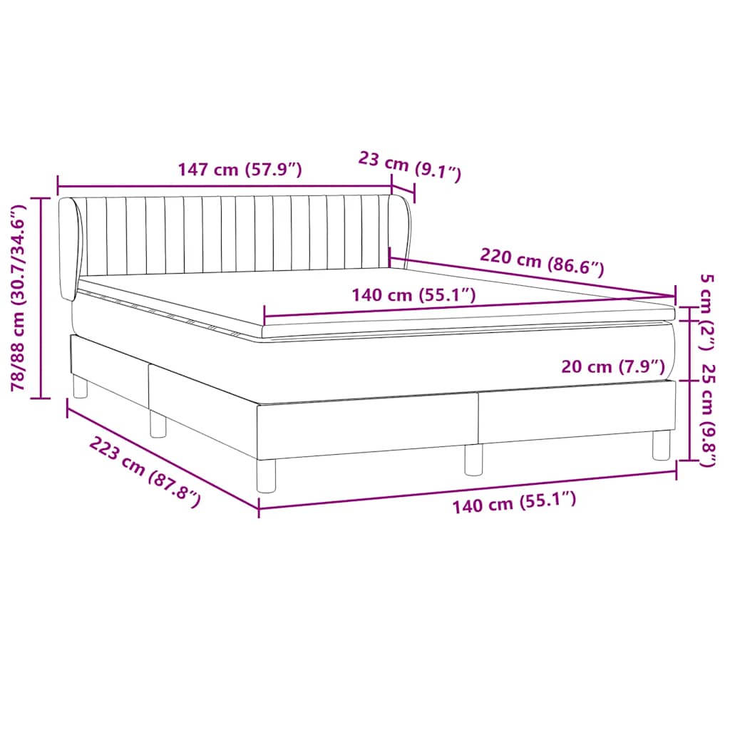 vidaXL Boxspringbett mit Matratze Dunkelblau 140x220 cm Samt
