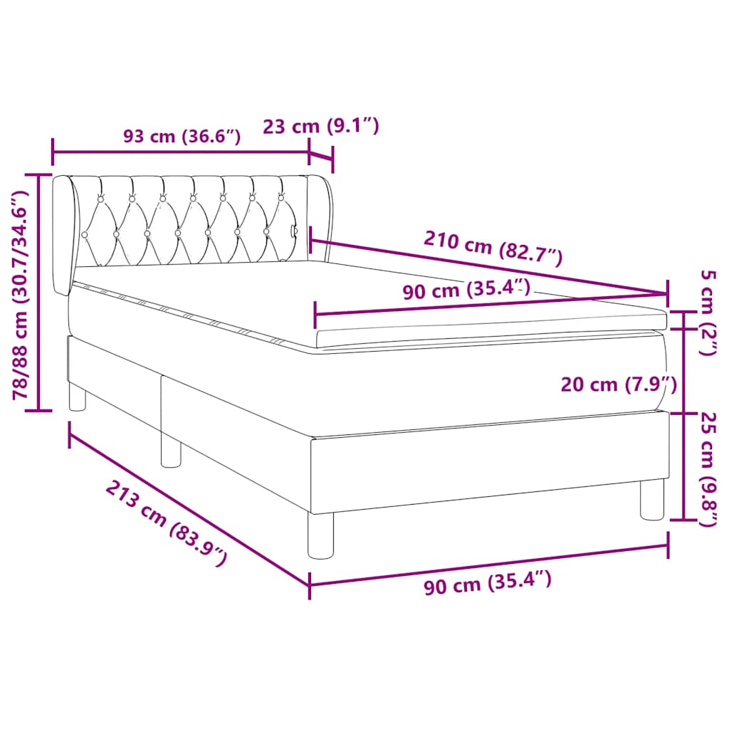 vidaXL Boxspringbett mit Matratze Hellgrau 90x210 cm Samt