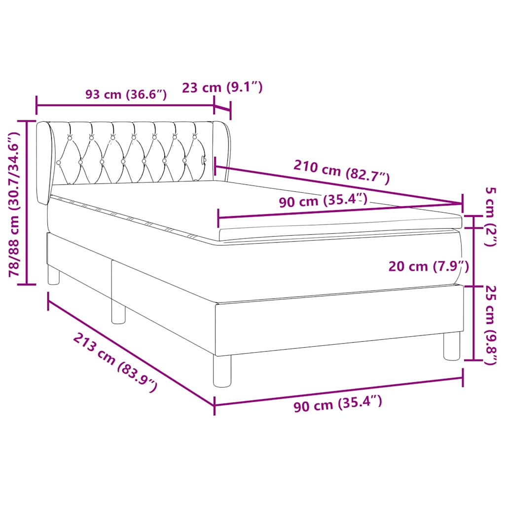 vidaXL Boxspringbett mit Matratze Dunkelgrau 90x210 cm Samt