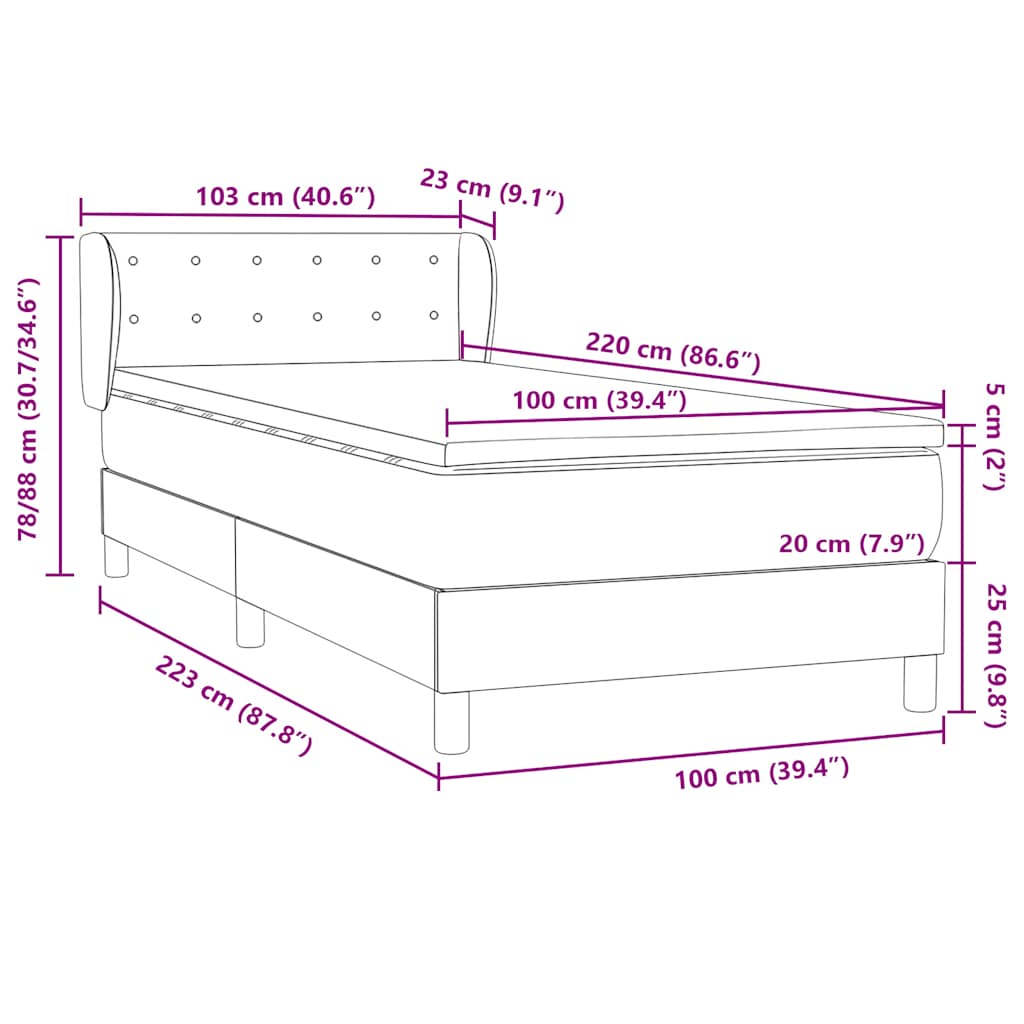vidaXL Boxspringbett mit Matratze Dunkelgrau 100x220 cm Samt