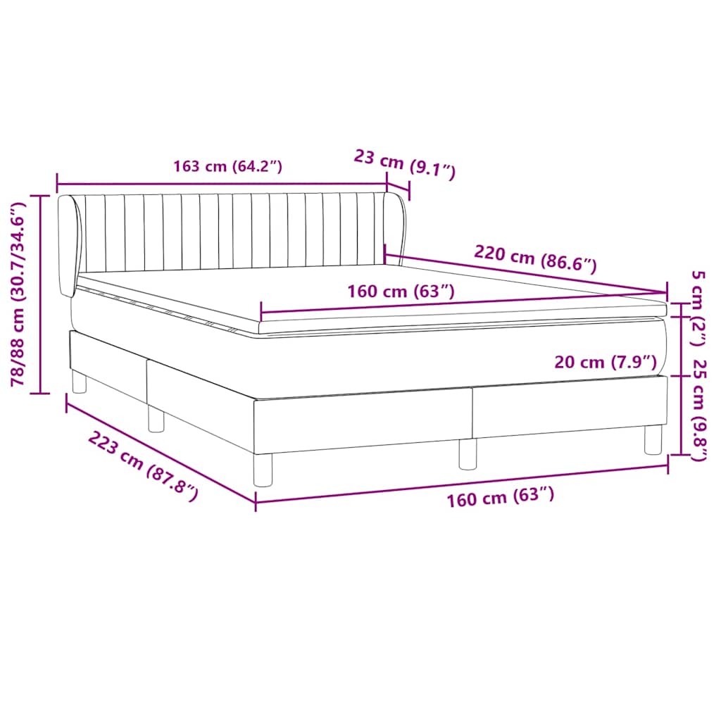 vidaXL Boxspringbett mit Matratze Hellgrau 160x220 cm Samt