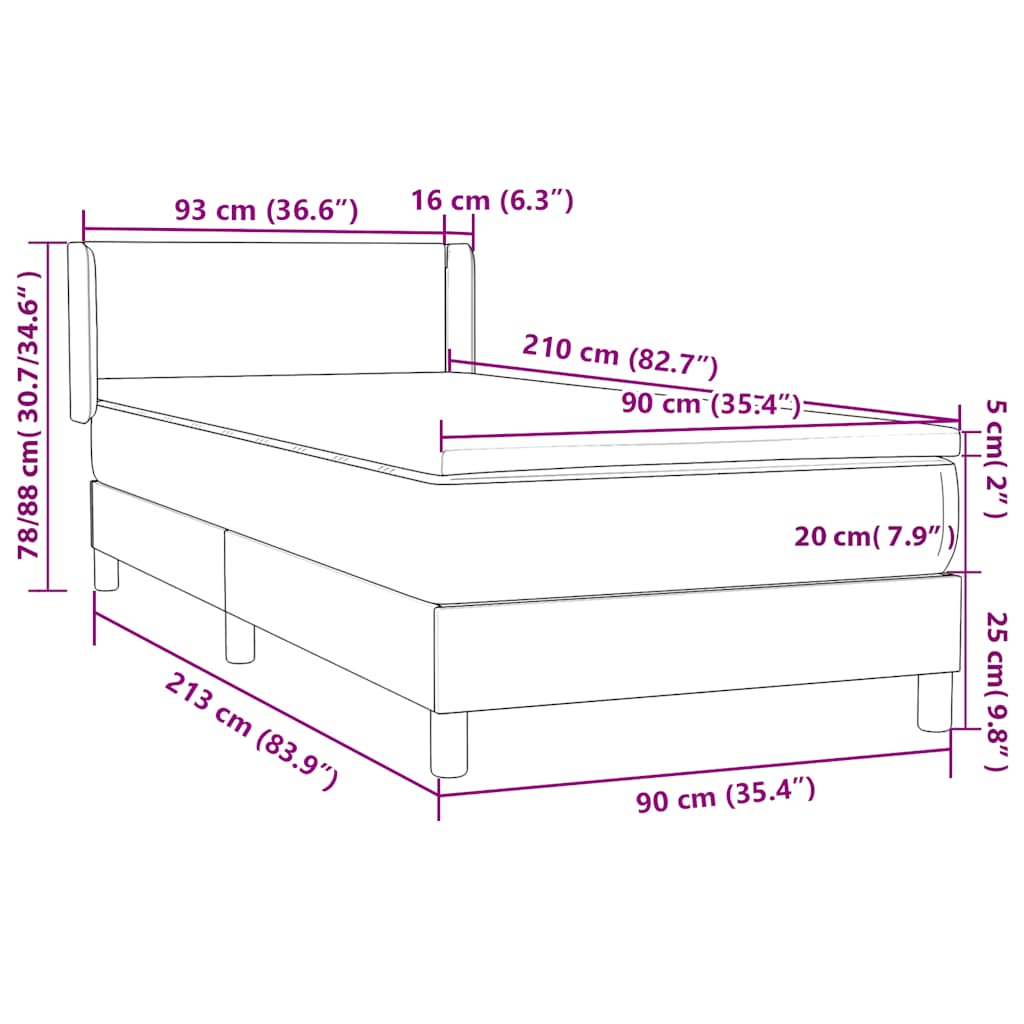 vidaXL Boxspringbett mit Matratze Dunkelgrau 90x210 cm Samt