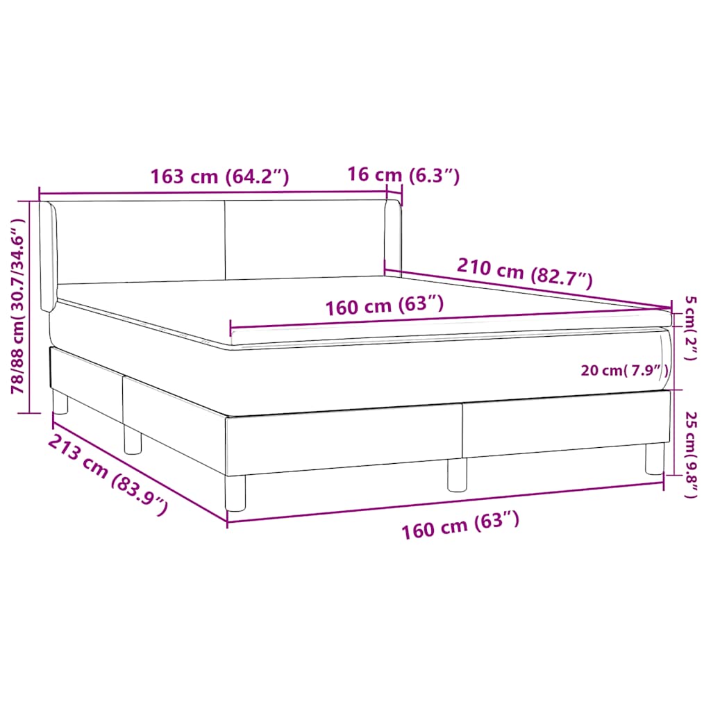 vidaXL Boxspringbett mit Matratze Hellgrau 160x210 cm Samt