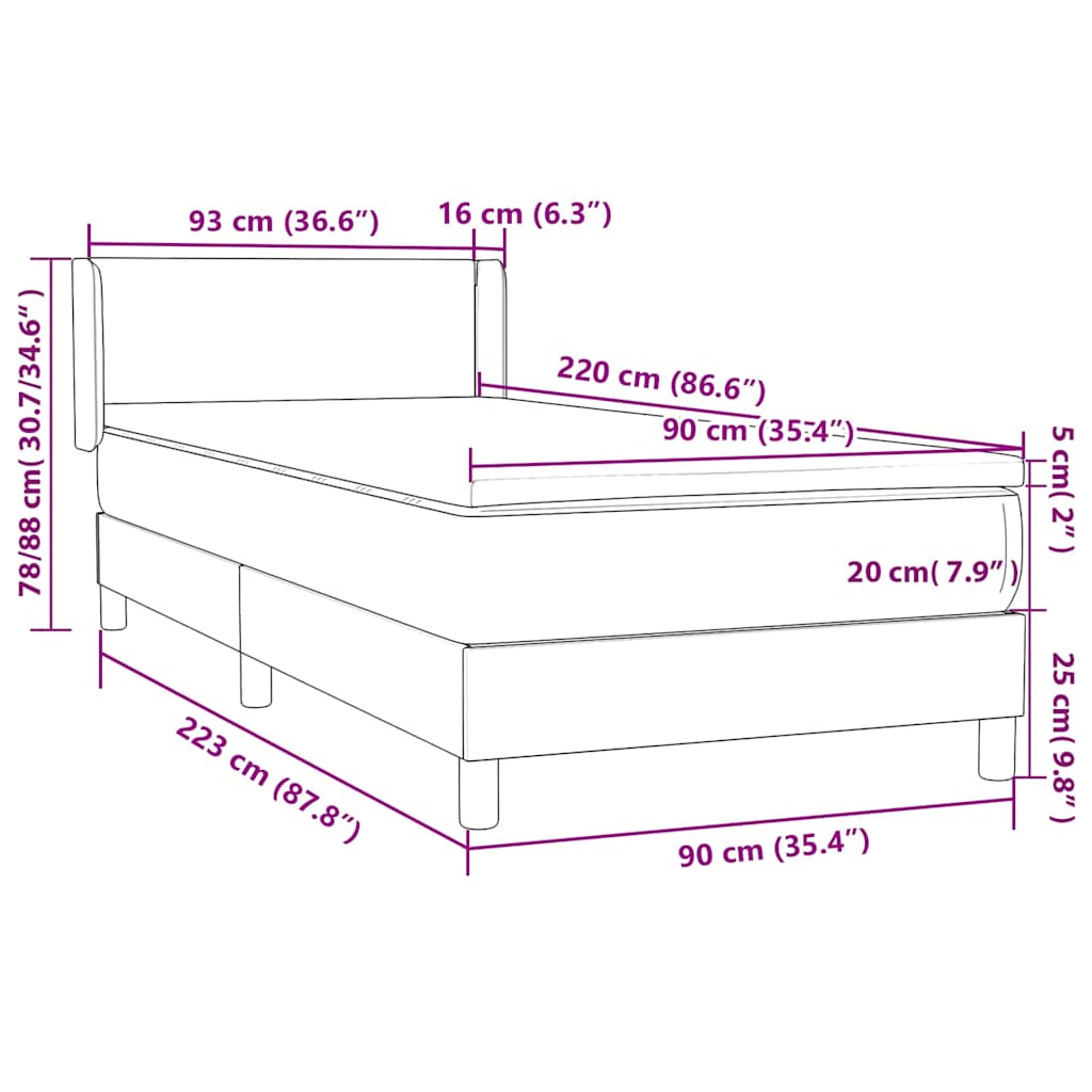 vidaXL Boxspringbett mit Matratze Dunkelgrau 90x220 cm Samt