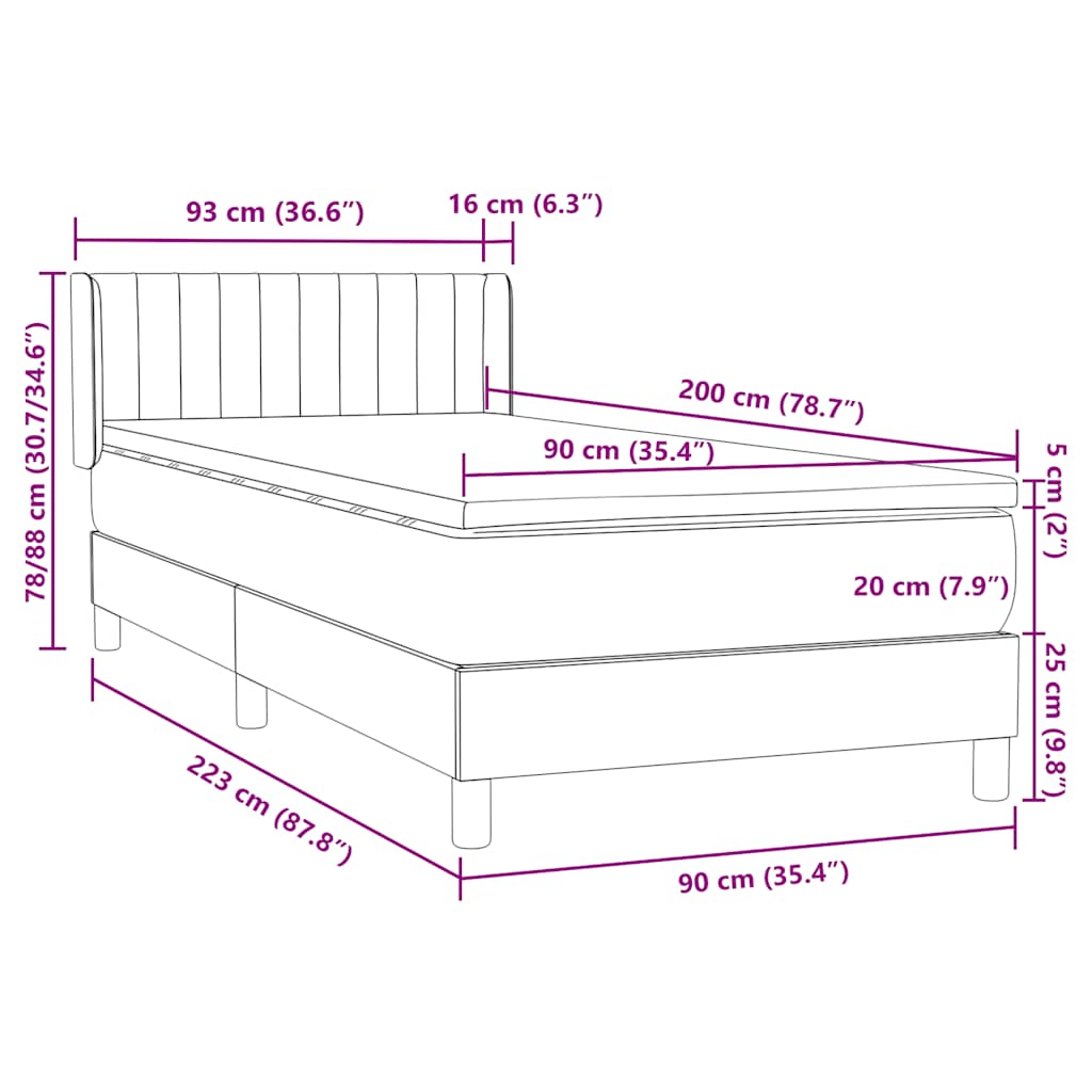 vidaXL Lit coffre avec matelas Bleu foncé 90x220 cm Velours