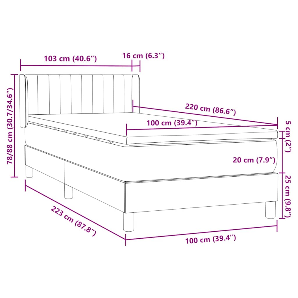 vidaXL Boxspringbett mit Matratze Dunkelgrau 100x220 cm Samt