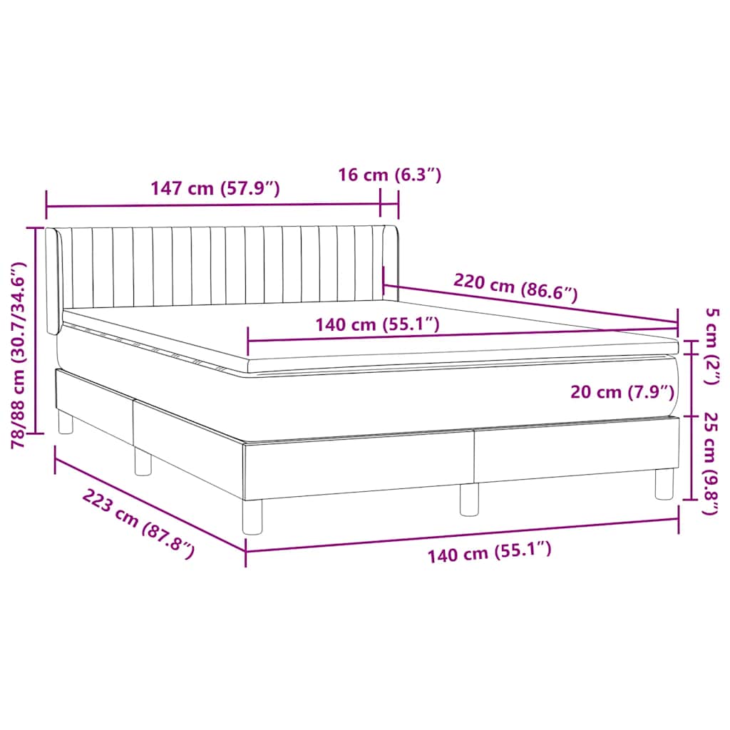 vidaXL Boxspringbett mit Matratze Dunkelgrau 140x220 cm Samt