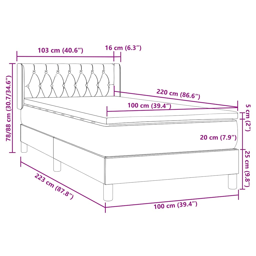 vidaXL Boxspringbett mit Matratze Dunkelblau 100x220 cm Samt