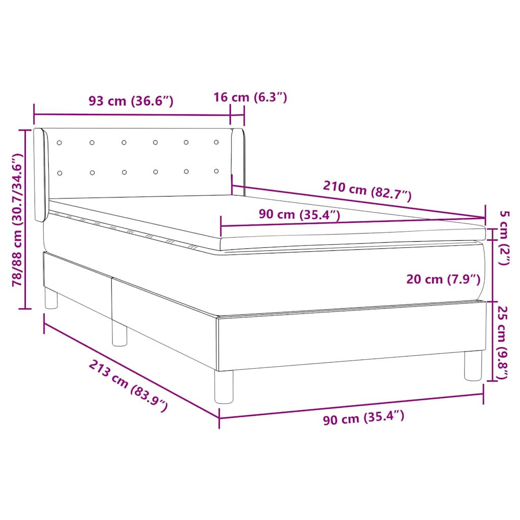 vidaXL Lit continental avec matelas gris foncé 90x210 cm Velours