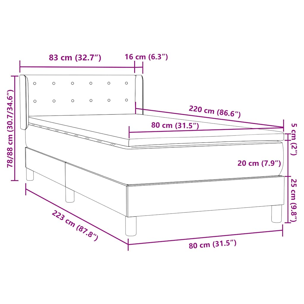 vidaXL Lit coffre avec matelas Gris clair 80x220 cm Velours