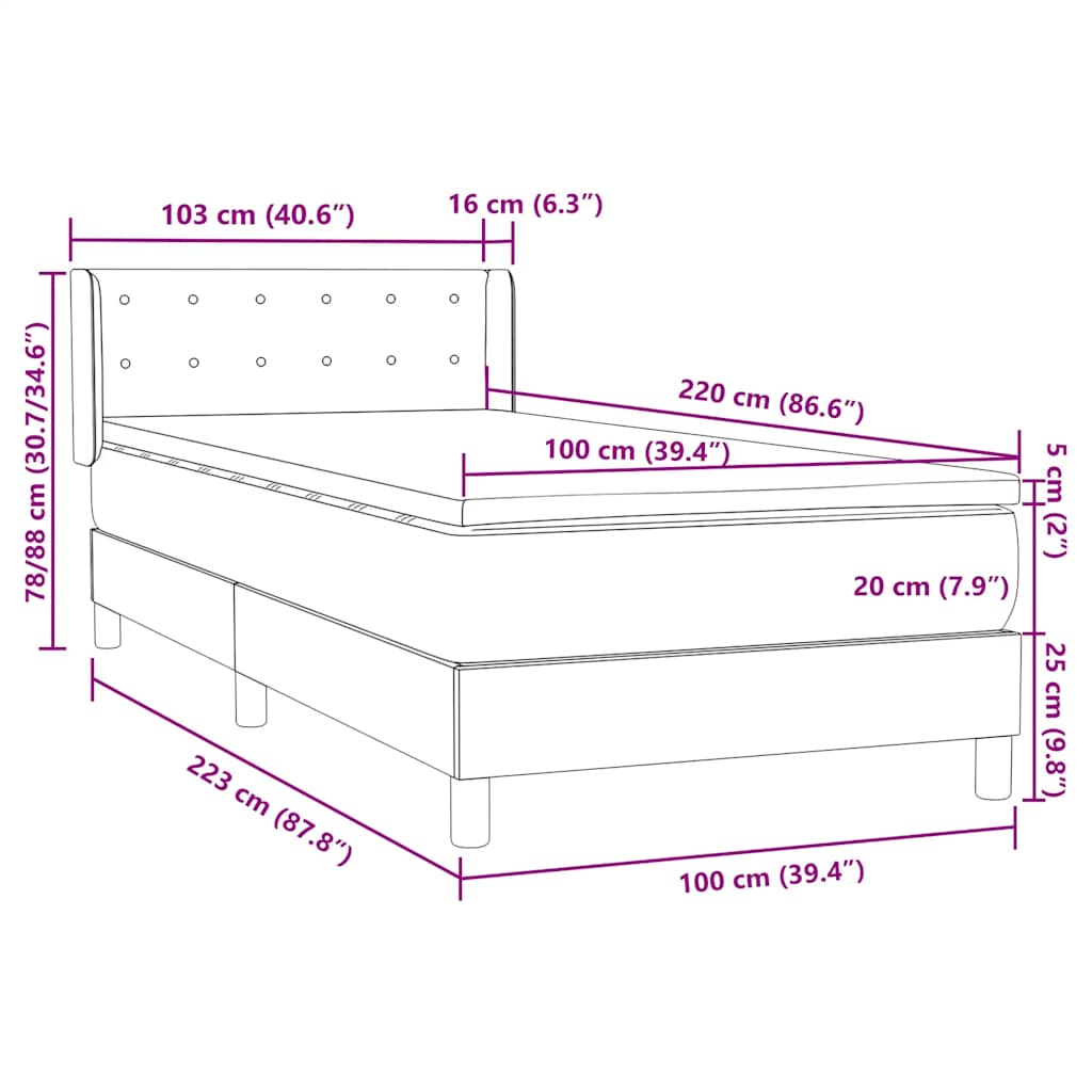 vidaXL Boxspringbett mit Matratze Dunkelblau 100x220 cm Samt