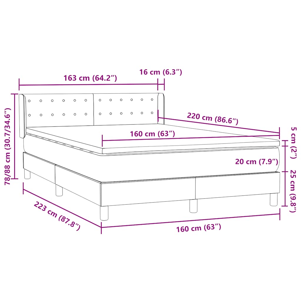vidaXL Boxspringbett mit Matratze Dunkelgrau 160x220 cm Samt