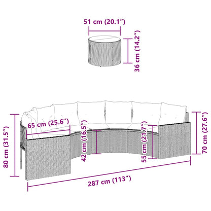 vidaXL Gartensofa mit Tisch und Kissen Halbrund Schwarz Poly-Rattan