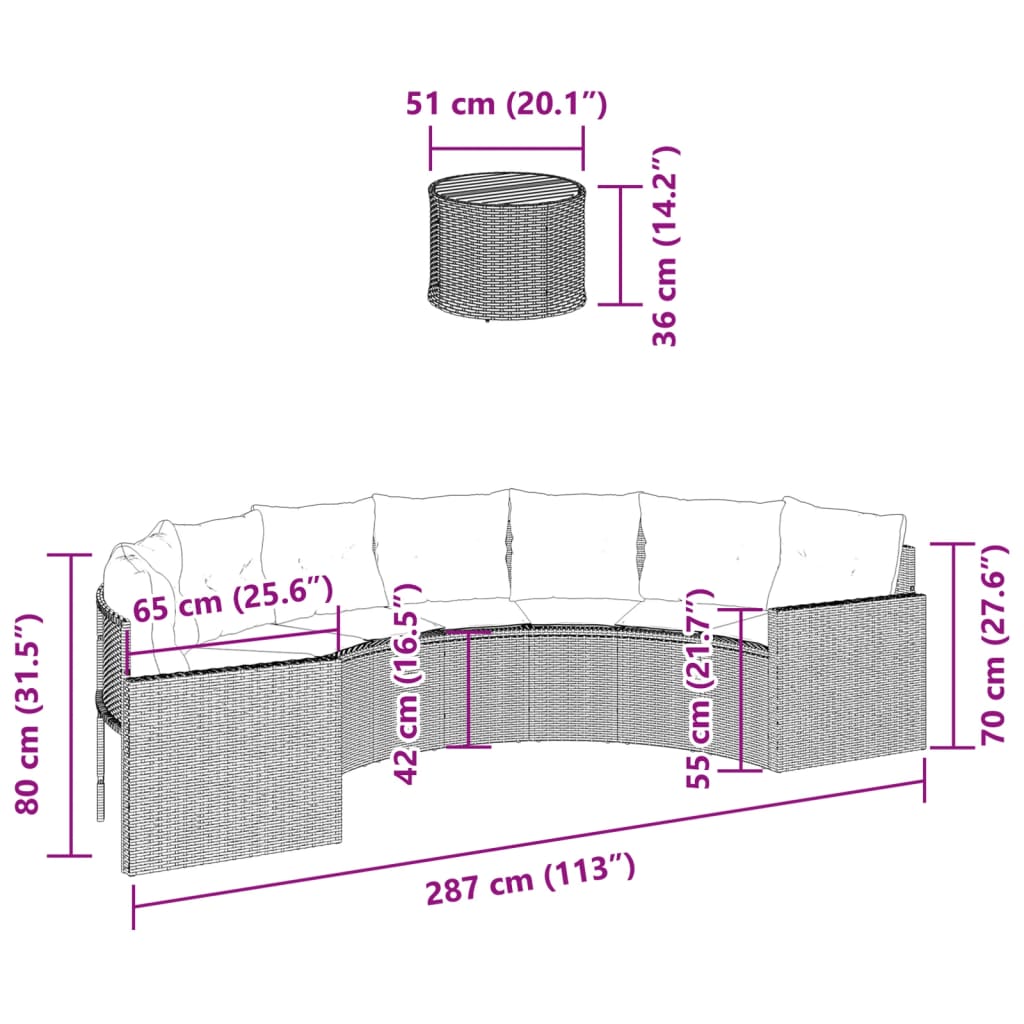 vidaXL Gartensofa mit Tisch und Kissen Halbrund Schwarz Poly-Rattan