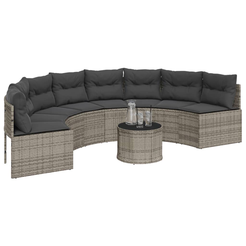 vidaXL Gartensofa mit Kissen Halbrund Grau Poly Rattan