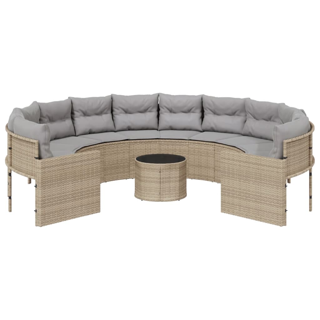 vidaXL Gartensofa mit Tisch und Kissen Rund Beige Poly-Rattan