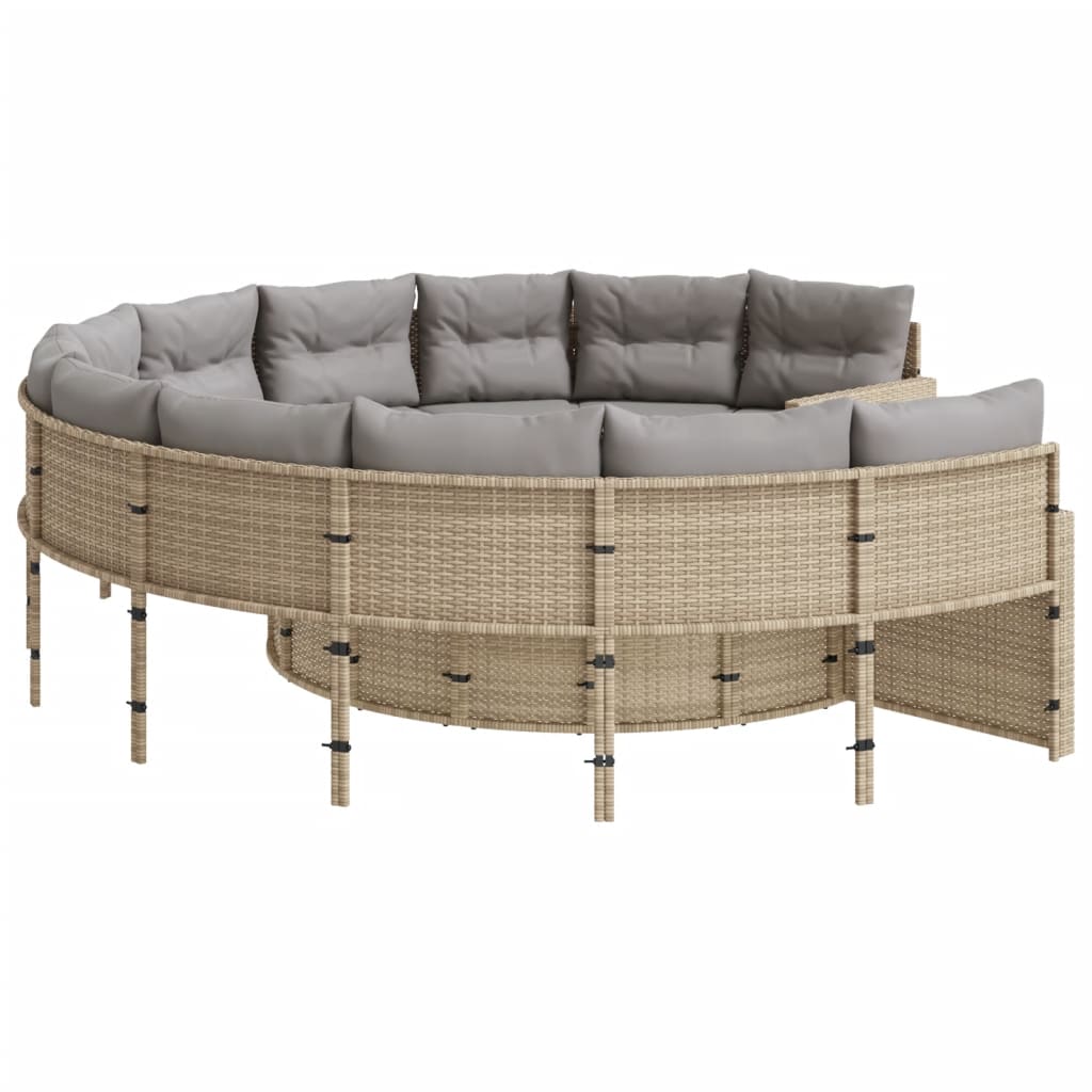 vidaXL Gartensofa mit Tisch und Kissen Rund Beige Poly-Rattan
