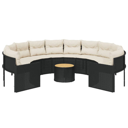 vidaXL Gartensofa mit Tisch und Kissen Rund Schwarz Poly-Rattan