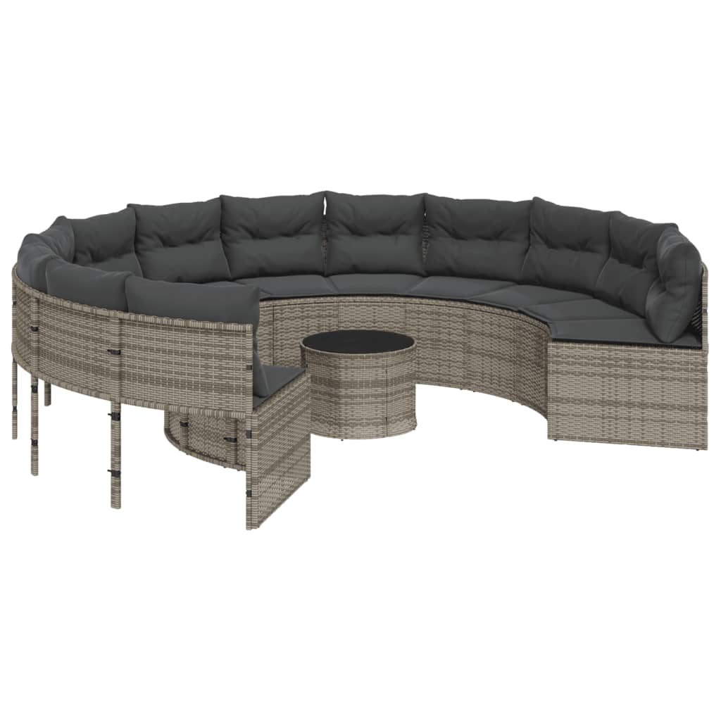 vidaXL Salon de jardin avec table et coussins Rond Gris Résine tressée