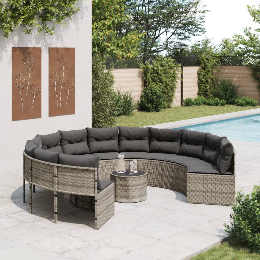 vidaXL Salon de jardin avec table et coussins Rond Gris Résine tressée