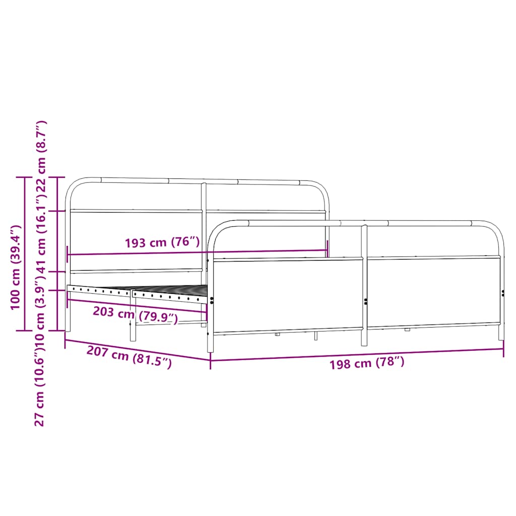 vidaXL Metallbett ohne Matratze Braun Eichen-Optik 193x203 cm