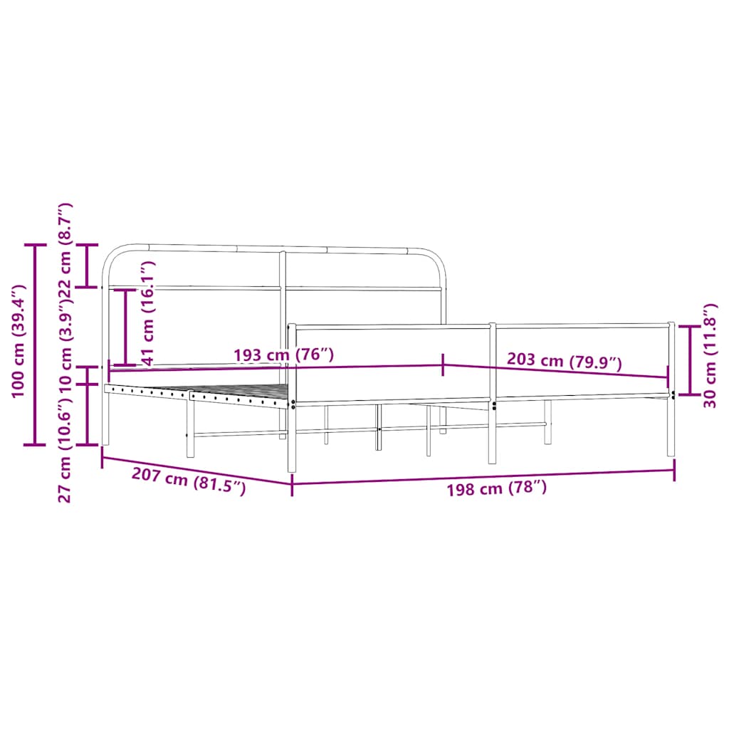 Metallbett ohne Matratze Räuchereiche 193x203 cm
