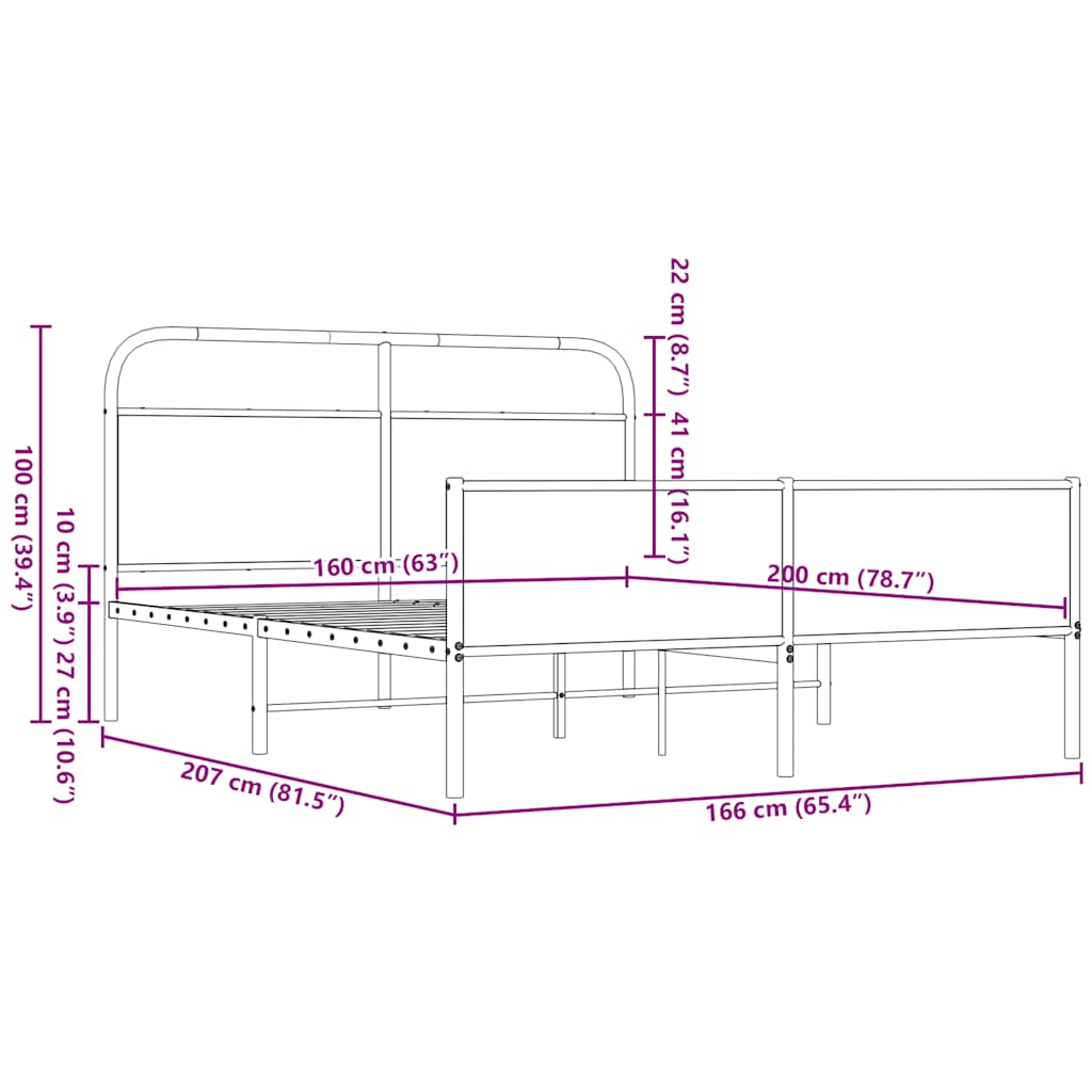 vidaXL Lit en métal sans matelas Marron Aspect chêne 160x200 cm
