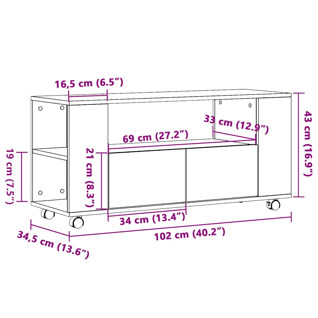 vidaXL TV-Schrank mit Rollen Altholz-Optik 102x34,5x43cm Holzwerkstoff