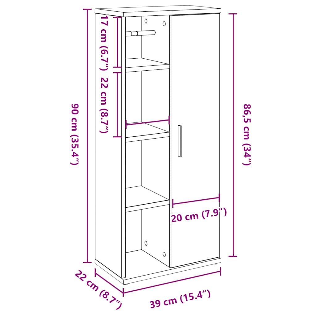 vidaXL Badezimmerschrank mit Rollenhalter Weiß 39x22x90 cm