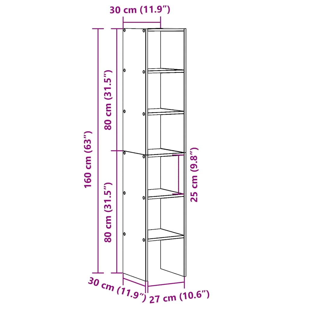vidaXL Bücherregale 2 Stk. Stapelbar Grau Sonoma 30x30x80 cm