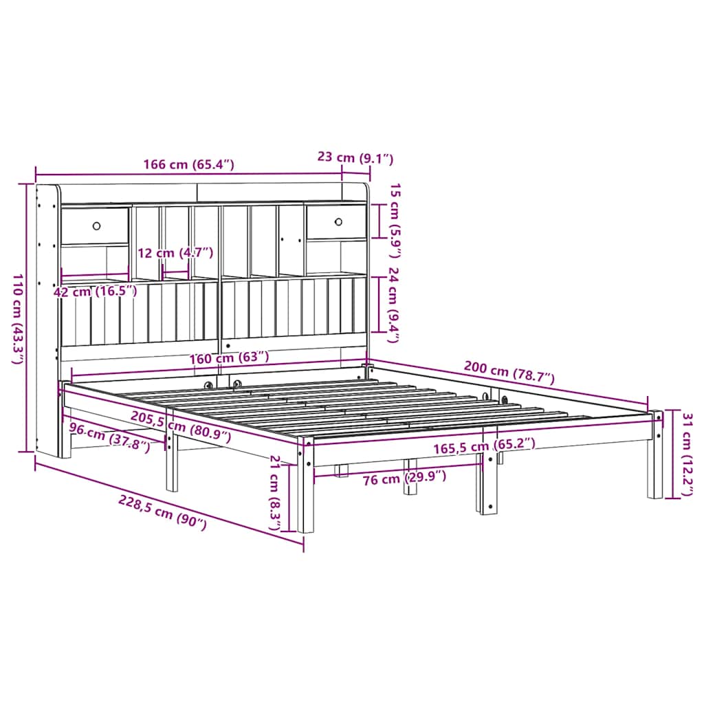 vidaXL Massivholzbett mit Regal ohne Matratze 160x200 cm Kiefernholz