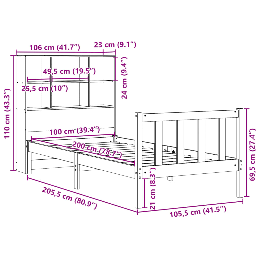 vidaXL Lit en bois massif avec étagère sans matelas Marron miel 100x200 cm