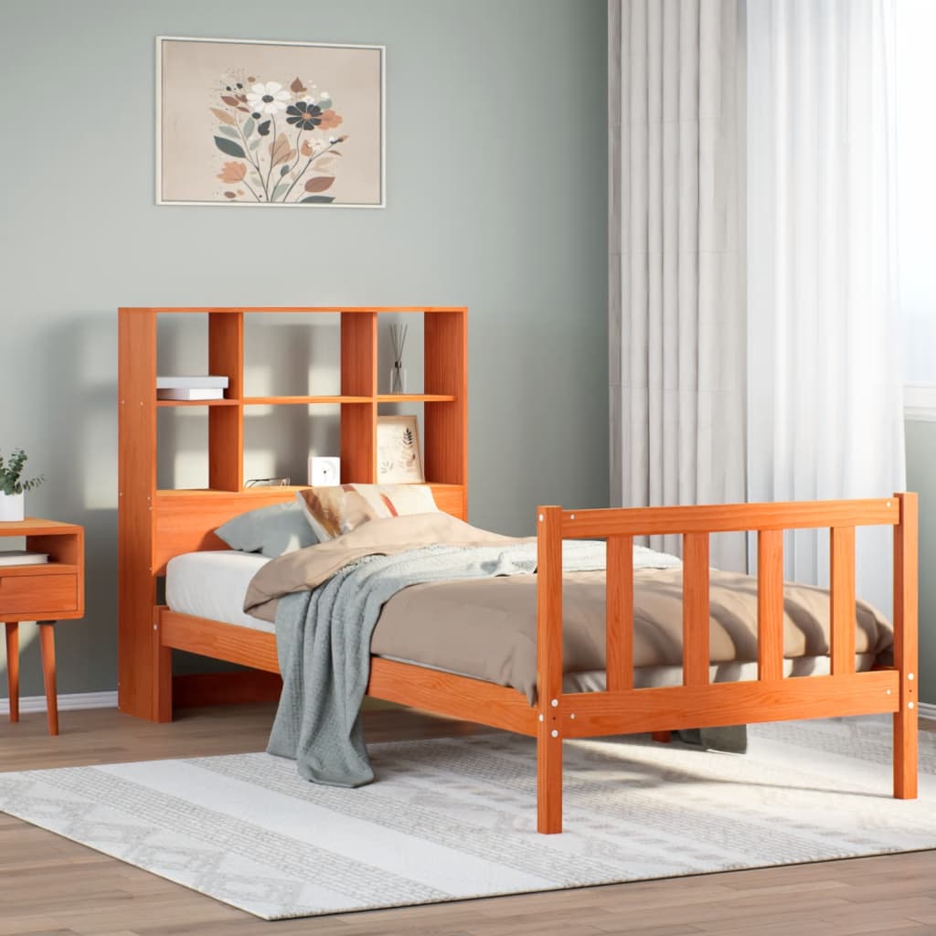 vidaXL Lit en bois massif avec étagère sans matelas Marron miel 100x200 cm