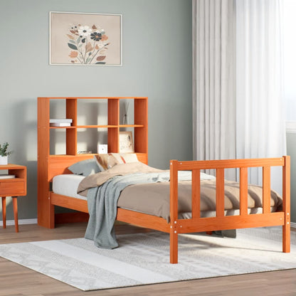 vidaXL Lit en bois massif avec étagère sans matelas Marron miel 100x200 cm