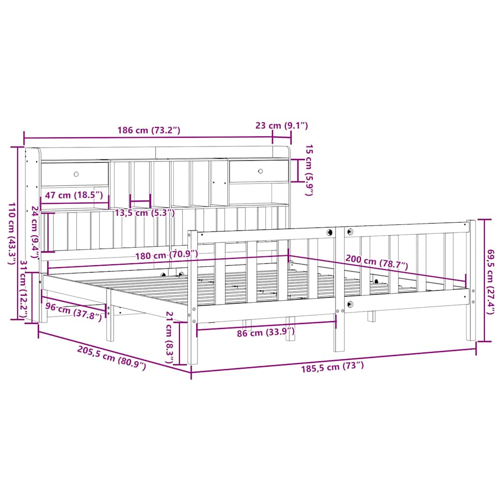 vidaXL Massivholzbett mit Regal ohne Matratze 180x200 cm Kiefernholz
