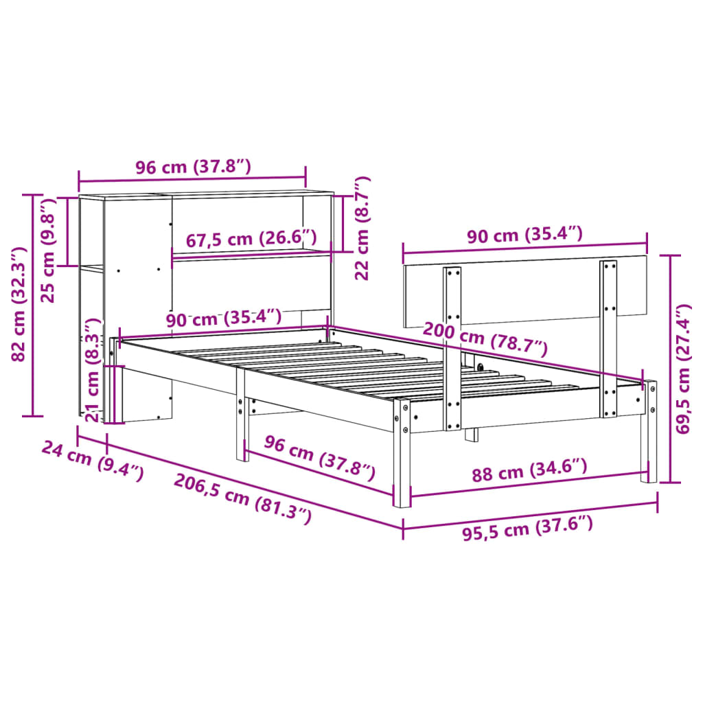 vidaXL Massivholzbett mit Regal ohne Matratze 90x200 cm Kiefernholz