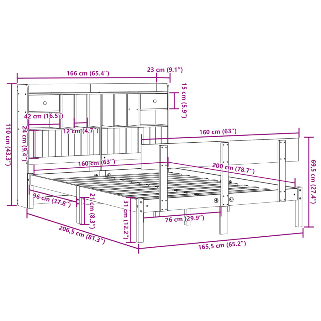vidaXL Massivholzbett mit Regal ohne Matratze 160x200 cm Kiefernholz