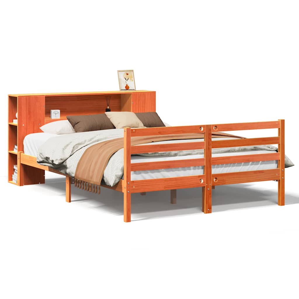 vidaXL Lit en bois massif avec étagère sans matelas Marron ciré 150x200 cm