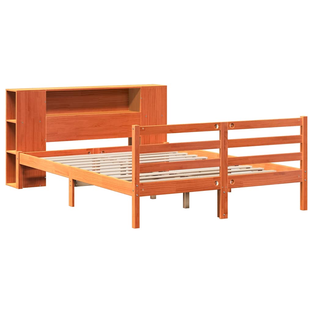 vidaXL Lit en bois massif avec étagère sans matelas Marron ciré 150x200 cm