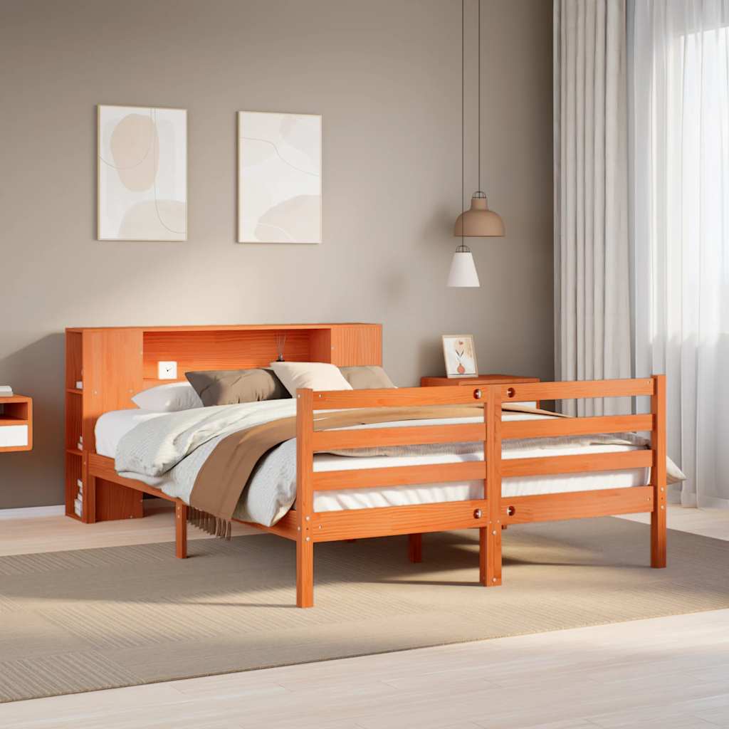 vidaXL Lit en bois massif avec étagère sans matelas Marron ciré 150x200 cm