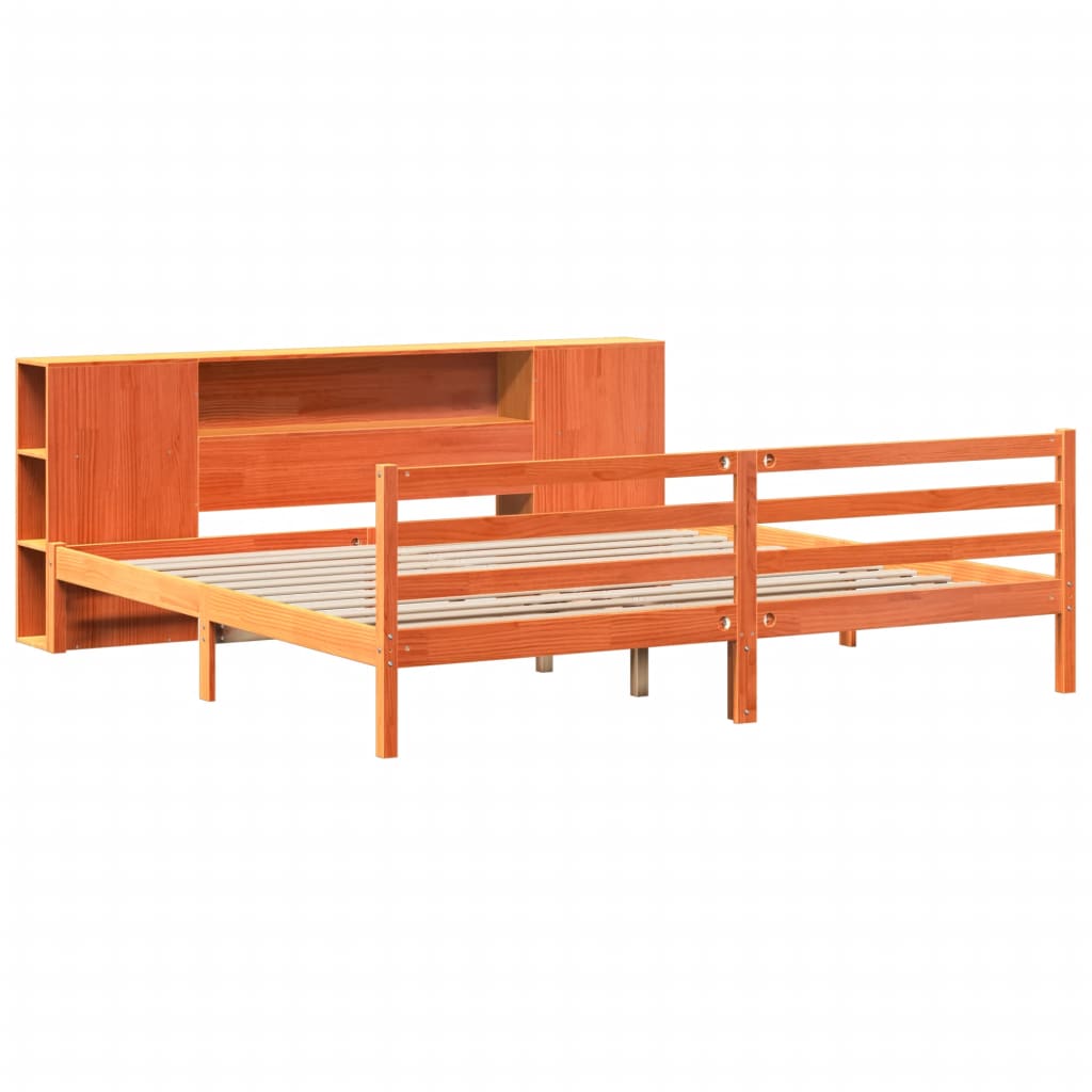 vidaXL Lit en bois massif avec étagère sans matelas Marron ciré 200x200 cm