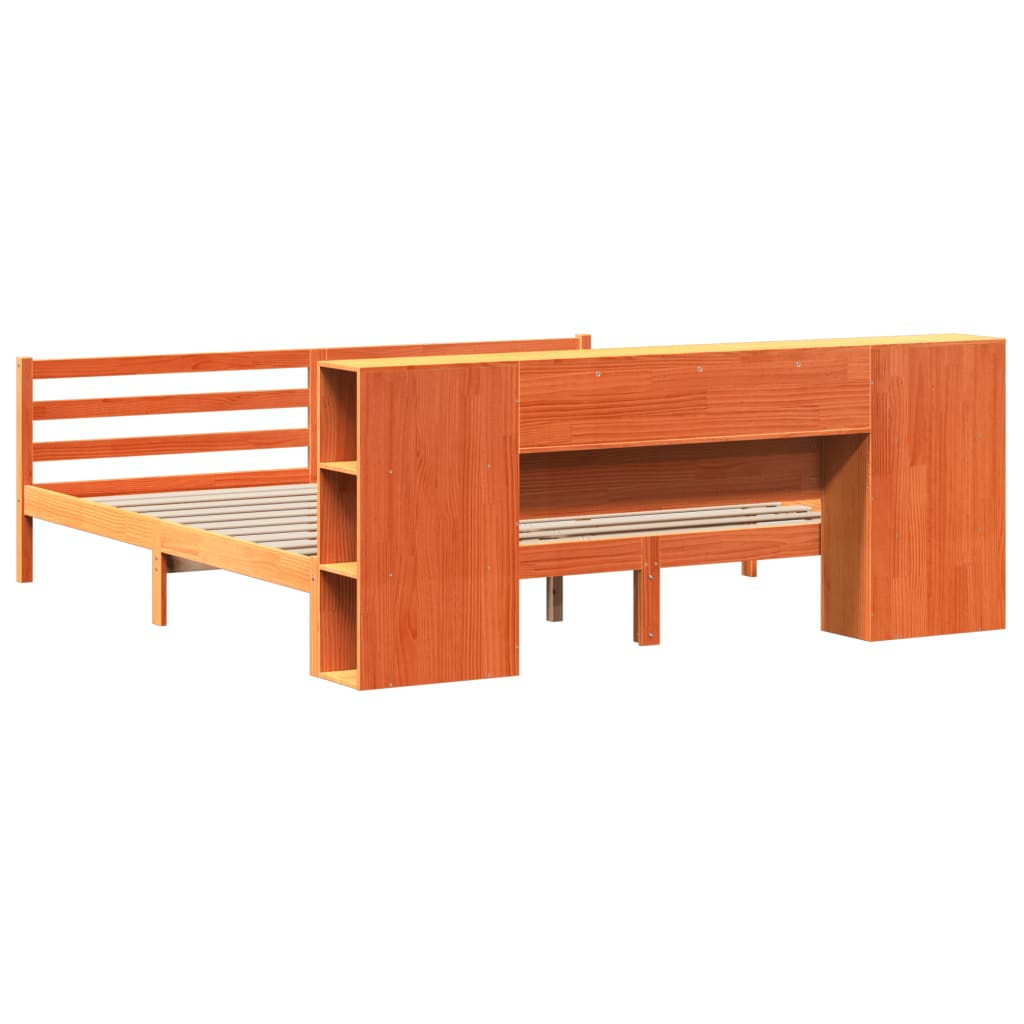 vidaXL Lit en bois massif avec étagère sans matelas Marron ciré 200x200 cm
